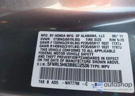 2011 Honda Odyssey Exl z USA, uszkodzony, nr VIN 5FNRL5H63BB092536